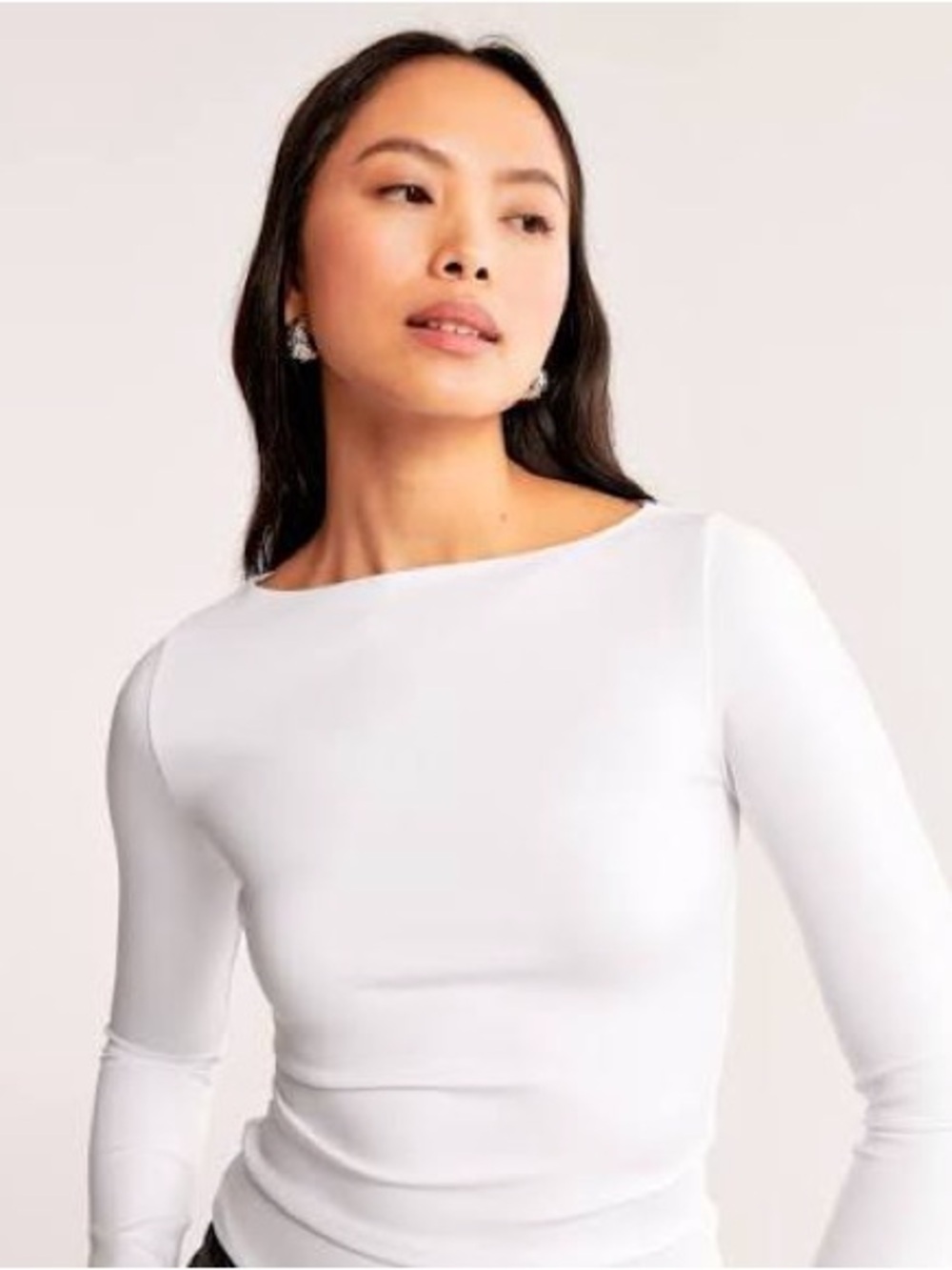 Abercrombie White Long-Sleeve Sculpt Matte Fabric Slash Bodysuit